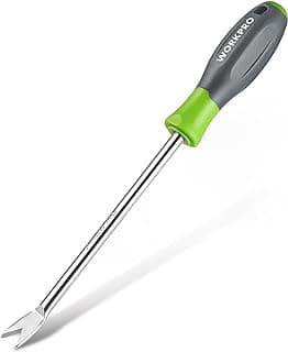 WORKPRO 11.5" Dandelion Weeder Puller Tool with Soft Handle | Polished Stainless Steel Garden Weed Remover Tool, Two-Pronged Fork Weeder Tool for Lawn Farmland Transplant Gardening