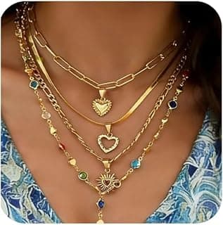4 PCS Gold Layered Necklaces for Women Multicolor Stone Crystal Round Necklace Stackable Gold Heart Pendant Necklaces Jewelry Set Summer Trendy Vacation Jewelry