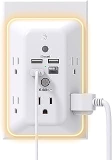 Addtam Surge Protector, 5 Outlet Extender with Night Light and 4 USB Ports | Multi Plug Wall Outlet, Electrical Outlet Splitter, 3-Sided 1050J Power Strip for Home Office College Dorm Room RV Essentials