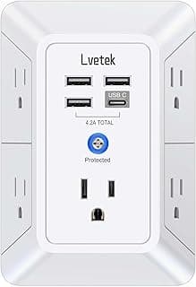 5 Outlet Extender Multi Plug Wall Outlets with 4 USB Charging Ports (1 USB C Outlet), 3 Sided 1680J Surge Protector Power Strip USB Wall Charger for Home, Office, Travel, ETL Listed, White