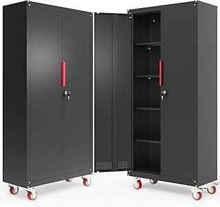 Metal Storage Cabinet with Wheels,71"Garage Cabinets with Lock Door | Heavy-Duty Garage Tool Cabinet with 4 Adjustable Shelves,Garage Cabinet and Storage System for Garage,Home Workshop & Office