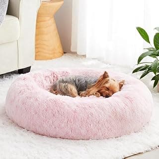 WNPETHOME Small Pink Round Calming Dog Bed Cat Bed for Comfy Sleep | Dog Beds For Small Dog, Cute Washable Puppy Bed with Fluffy Plush, Faux Fur Anti Anxiety Pet Bed Donut Cuddler (20x20x8 Inch)