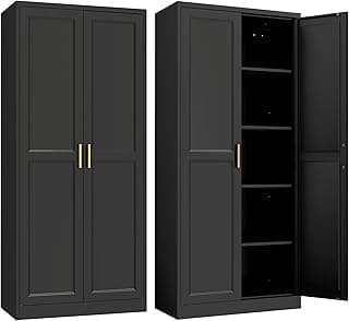 Steeloong 71"Metal Pantry Storage Cabinet with Doors & 4 Adjustable Shelves | Kitchen Pantry Cabinet,Black Kitchen Cabinet with 2 Gold Handles,Tall Cabinet for Livingroom,Pantry, Bathroom,Kitchen,Garage