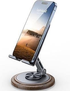Lamicall Sturdy Grey Phone Stand, Desk Accessories for Men | 360° Rotation Simulated Wood Grain Phone Holder, Office Gaming Room Desk Decor for Men, Work from Home Essentials, 4-10”