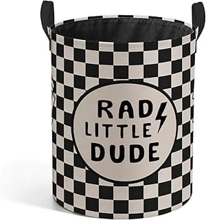 Retro Checkered Boys Room Laundry Basket, Rad Little Dude Black and White Laundry Hamper Waterproof Collapsible Clothes Toys Storage Bin Organizer for Boys Nursery Kids Playroom