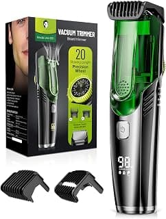 Vacuum Beard Trimmer for Men: Cordless Electric Trimmer for Less Mess - 90+ Min Runtime & 20 Adjustable Lengths -IPX7 Waterproof & Rinses Easy -for Body & Mustache & Stubble