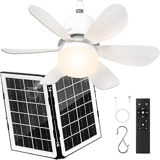 Portable Solar Ceiling Fan with Lights, 18.5in Outdoor Fan with Foldable Solar Panel, Remote Control Stepless Dimmable, Timer, 3 Speeds 30dB, Tool-Free Setup for Camping Greenhouse Chicken Coop, White