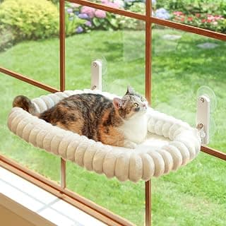Zakkart SnugCloud Foldable Cat Window Perch - Cordless, Ultra Soft Machine Washable Bed with 4-Sided Bolster, Metal Frame - Window Hammock for Large Cats and Kittens (Cream White, Medium)