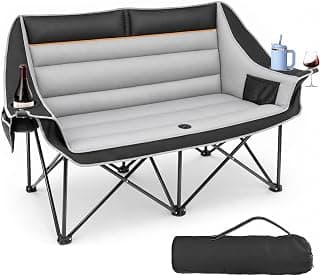 Suteck Double Camping Chair, 660lbs Oversized Camping Couch w/Independent Seats, Folding Camping Loveseat w/2 Cup & Wine Glass Holders, 1200D Oxford, Side Pocket & Carry Bag, for Camping, Lawn, Patio