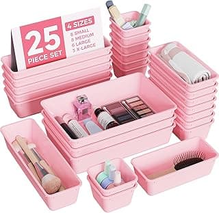 BiuLeon 25 PCS Plastic Drawer Organizers Set, 4-Sizes Vanity and Makeup Organizer, Desk and bathroom Drawer Organizer Trays, Organizers and Storage for Makeup, Jewelry, Gadgets, Utensils (Pink)
