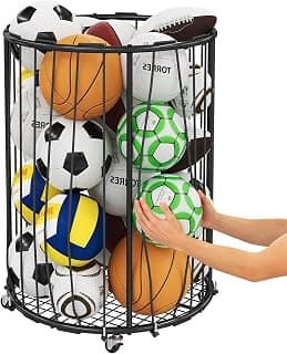 Hencawima Garage Ball Storage: Round Sports Equipment Organizer with Wheels, Sports Ball Rack With Elastic Rope, Ball Holder for Basketball, Soccer, Volleyball, Football, Garage, Gym, Outdoor (Black)