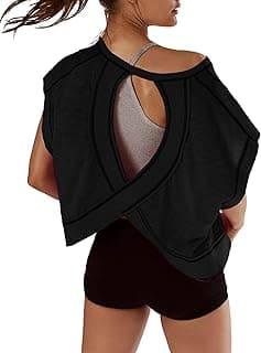 Kumufenc Women Short Sleeve Workout Shirts Open Back Tops Casual Yoga Y2k Athletic Gym Slouchy Crop Running Tees