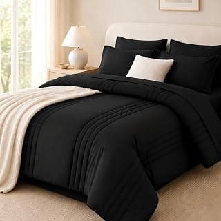 Queen Comforter Set with Sheets Black | OEKO-TEX Certified, All Season, 240GSM Down-Alternative Comforter, Sheets, Pillowcases & Shams, 14" Deep Pocket, Easy Care