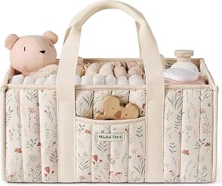 Blissful Diary Floral Diaper Caddy Organizer, Stylish Nursery Storage Basket, Gift for Baby Shower, Newborn Essentials, Floral Beige
