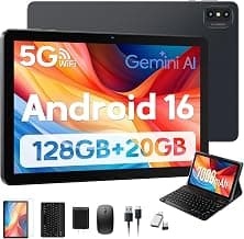 2026 Upgraded Android 16 Tablet, 10 Inch Tablet with Keyboard 128GB + 20GB | Octa-Core, 7000mAh Battery 5G WIFI, 13MP+8MP Dual Camera, Gemini AI, BT5.0, 512GB Expand, 2 in 1 Tablets with Mouse, Stylus