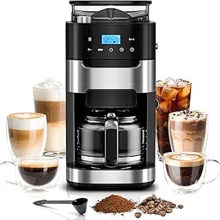 Kismile 10 Cup Drip Coffee Maker with Grinder Built In, Descaling Alert | Adjustable Grind & Brew Strength, 24H Timer, 2H Keep Warm, Reusable Filter & Glass Carafe