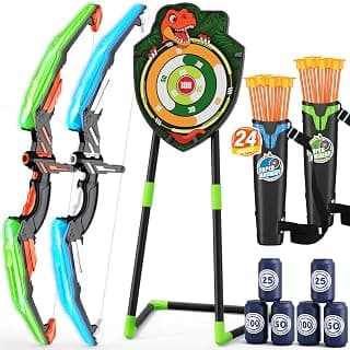 2 Pack Kids Bow and Arrow, LED Archery Set with Dinosaur Target | with 24 Suction Cup Arrows, 1 Standing Target, 6 Score Targets & 2 Quiver, Indoor Outdoor Sport Gifts for Boys Girls