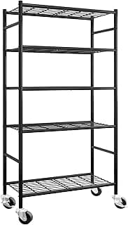 Sakugi 5-Tier Storage Shelves 33.1x12.6x73.5 Black with Wheels | Kitchen, Closet, Pantry, Garage, Heavy Duty, Adjustable Feet, Metal Construction