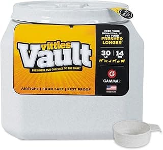 Vittles Vault Traditional Pet Food Storage Container For Dog Kibbles/Bird Seed/Oatmeal/Rice/Flour/Cereal, BPA Free Plastic, Sealed Airtight For Cat Food, Up To 30 lb, Made in USA, With Scoop, Gray