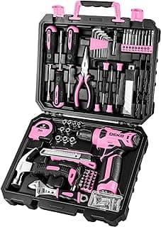 DEKOPRO Drill Set, Home Tool Set with 8V Pink Cordless Drill, Hand Tool Kit for Women, 126 pcs