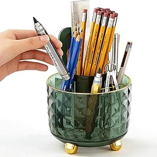 GOTOBA Dark Green Pen Pencil Holder for Desk, 360° Rotating Pen Organizer, Green Office Supplies, Cute Pen Holder, 6-Compartment Pencil Holder Rotating