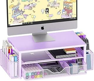 Desk Organizer and Accessories, 2-Tier Computer Monitor Stand Riser with Drawer and 2 Pen Holders, Laptop Stand, Office Desk Accessories for Office Supplies, 1 Pack, Purple