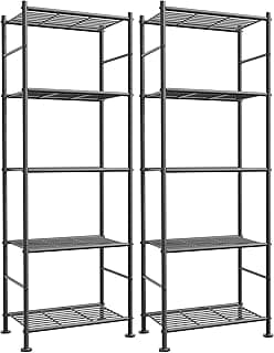 Sakugi Storage Shelves - Set of 2, 5-Tier Metal Shelf Organizer, Space-Saving Garage Shelving with Leveling Feet, Standing Shelves Organizer for Kitchen, Laundry, Pantry (18.4" x 12.6" x 57.4", Black)