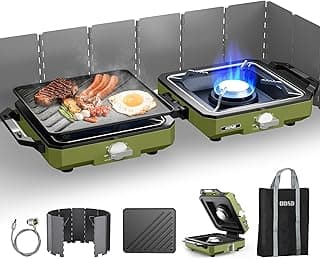 ODSD 2 Burner Camping Stove with Windshield, 20000 BTU Propane Camp Stove, Portable Folding Gas Stove, Camping Essentials Gear Includes Frying Pan, Coffee Stand & Carry Bag, Green