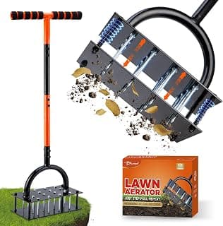 Bluesea Lawn Aerator Tool - 16 Iron Spikes with Ergonomic T-Handle, Automatic Dirt Clean for Soil Loosening & Yard Aeration, Manual Metal Grass Aerator (Orange)