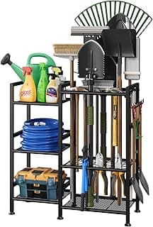 keomaisyto Garden Tool Organizer for Garage Organization, 3 Tier Yard Tool Storage Rack with 35 Long-Handled Tool Slots, Heavy Duty Garden Tool Holder with Large Hooks for Shed, Yard, Garage