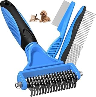 3PCS Pet Grooming Rake & Metal Comb & Flea Comb for Cats and Dogs, Double-Sided Dematting Tool, Extra-Wide Deshedding Dog Brush for Long Hair to Effectively Remove Tangles, Knots and Mats (Blue)