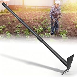 Weed Puller Tool with 45.5" Long Handle, 2 in 1 Small Garden Weeding Hoe & Rake, Handheld Stand Up Hoe Garden Tool for Lawn, Garden, Yard, Flower Bed, Patio & Small Farm