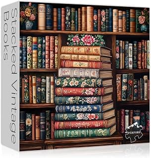 Vintage Book Puzzles for Adults 1000 Pieces, Bookshelf Wildflower Pages Jigsaw Puzzle, Retro Library Aesthetic Puzzle Floral, Challenging Hard Puzzles for Book Lovers