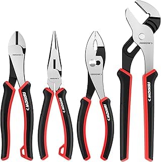ARROW 4-Piece Pliers Set, CR-V Steel | 8 Inch Diagonal, Long Nose, Slip Joint, 10 Inch Groove Joint Pliers, Ergonomic Anti-slip Handle, for Basic Repair