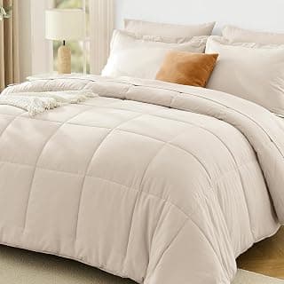 JOLLYVOGUE Queen Comforter Set, Ultra-Soft Bed in a Bag Queen Size 7 Pieces, Oeko-TEX Certified Bedding Set with Down Alternative Comforter, Sheets, Pillowcases & Shams, Beige