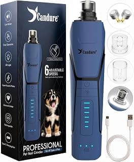 Candure Whisper Quiet Dog Nail Grinder with 360 Degree LED Light, 6-Speed Rechargeable Pet Nail Trimmers with Extra Grinding Head for Safe, Stress-Free Grooming for All Pet Sizes