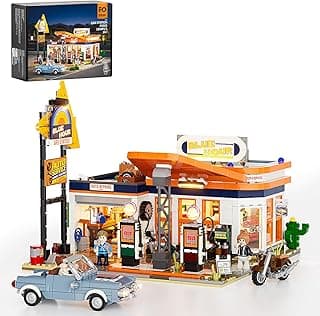 FUNWHOLE Gas-Station Lighting-Building-Bricks Set, 1608 Pcs Creative Sets | Road Trip Car Service Station Collection LED Building Set for Adults and Travelling Enthusiasts, Creative Stress-Relief Toys
