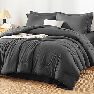 HIMEET Queen Comforter Set, 7-Piece Point-Quilted Bed in a Bag Dark Grey | OEKO-TEX Certified, Lightweight 240 GSM Comforter, Flat Sheet, 14-Inch Deep-Pocket Fitted Sheet, Pillowcases & Shams