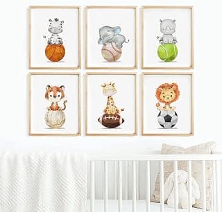 Baby Boy Wall Art Nursery Sports Decor Safari Animal Canvas Wall Art Woodland Baby Boy Room Poster Prints Nursery Artwork Pictures for Bedroom 8x10 set of 6 Inch UNFRAMED