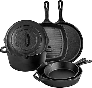 6 Piece Pre-Seasoned Cast Iron Cookware Set – Incl. 5QT Dutch Oven with Lid, 8'' and 10.25'' Cast Iron Skillets, 10.5'' Round Griddle, and a Square Grill Pan for Kitchen, Stovetop, & Camping