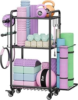 Multi-Functional Home Gym Storage Rack with Wheels and Hooks | Space Saving, Easy to Assemble, All-in-One, Gym Equipment Storage for Dumbbells Kettlebells Yoga Mat