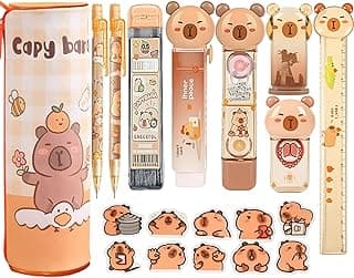 Cute Capybara Stationery Set, Kawaii School Supplies Gift for Students | Includes Capybara Pencil Sharpener, Eraser, Correction Tape, Ruler and Stickers for School and Office.
