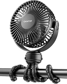 Gaiatop Mini Portable Stroller Fan, Small Clip on Fan Black | Battery Operated Detachable, 3 Speed Rechargeable, 360° Rotate Flexible Tripod, Cooling for Car Seat Crib Treadmill Travel