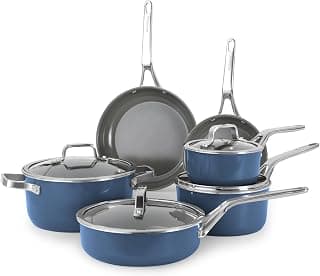 Blue 10 Piece Ceramic Cookware Set | Pots Pans for Family Meals | Include saucepan, saute pan, stockpot, frying pans, oven safe to 480°F, dishwasher safe, non-toxic PFAS free, induction bases