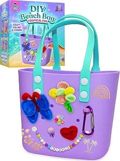 Decorate Your Own Rubber Beach Tote Bag - DIY Craft Kit for Girls Ages 6-8 | Waterproof Mess-Free Arts and Crafts, No Glue No Paint, Charms Beads Markers Included, Birthday Gift for 6 7 8 Year Old Girl