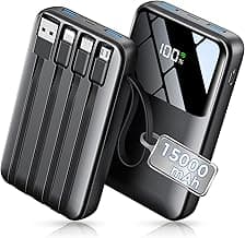 15000mAh Portable Charger Power Bank, Smaller Built-in 4 Cables, 22.5W | 50% More Capacity, 45% Smaller, Slim Travel Essential Battery Pack, 30-Min Fast Charge to 50% for iPhone/Samsung, Black