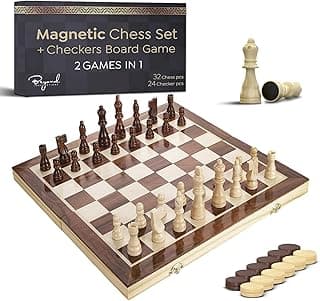 Magnetic Chess & Checkers Set | 15" x 15" Foldable Wooden Board | Solid Wood 2-in-1 Board Game with Storage Box, 2 Extra Queens, Portable Travel Set for Adults, Kids and Beginners