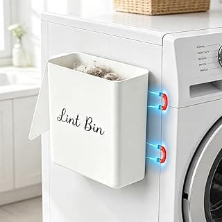 Magnetic Lint Bin with Lid for Laundry Room, Compact Plastic Dryer Lint Holder, Small Laundry Trash Container for Dryer Lint & Used Dryer Sheets, Space Saving Storage Decor Organizer (White)