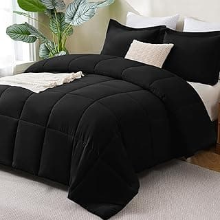 Queen Comforter Set, 3-Piece Box-Stitched, Black | 270 GSM Down Alternative Fill, 90 GSM Brushed Microfiber Shell, OEKO-TEX Certified, 88 x 88 in Comforter with 2 Pillow Shams