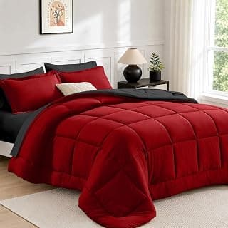 FUANNA Queen Comforter Set 7 Pieces, Reversible Bed Set, Soft Bed in a Bag | All Season Bedding Set, 240GSM Comforter, Flat & Fitted Sheet, Pillowcases & Shams, OEKO-TEX, Bedroom, Red & Black
